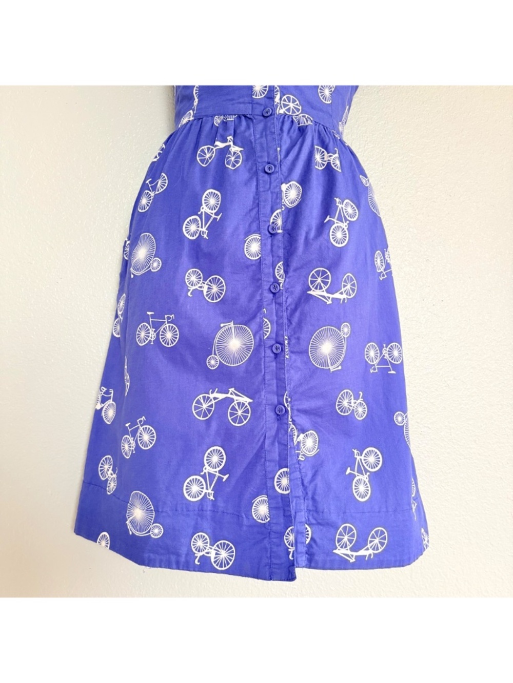 Porridge Cottagecore Twee Retro Blue Bicycle Print Cotton Day Dress Pockets Sz 6 - Picture 4 of 17